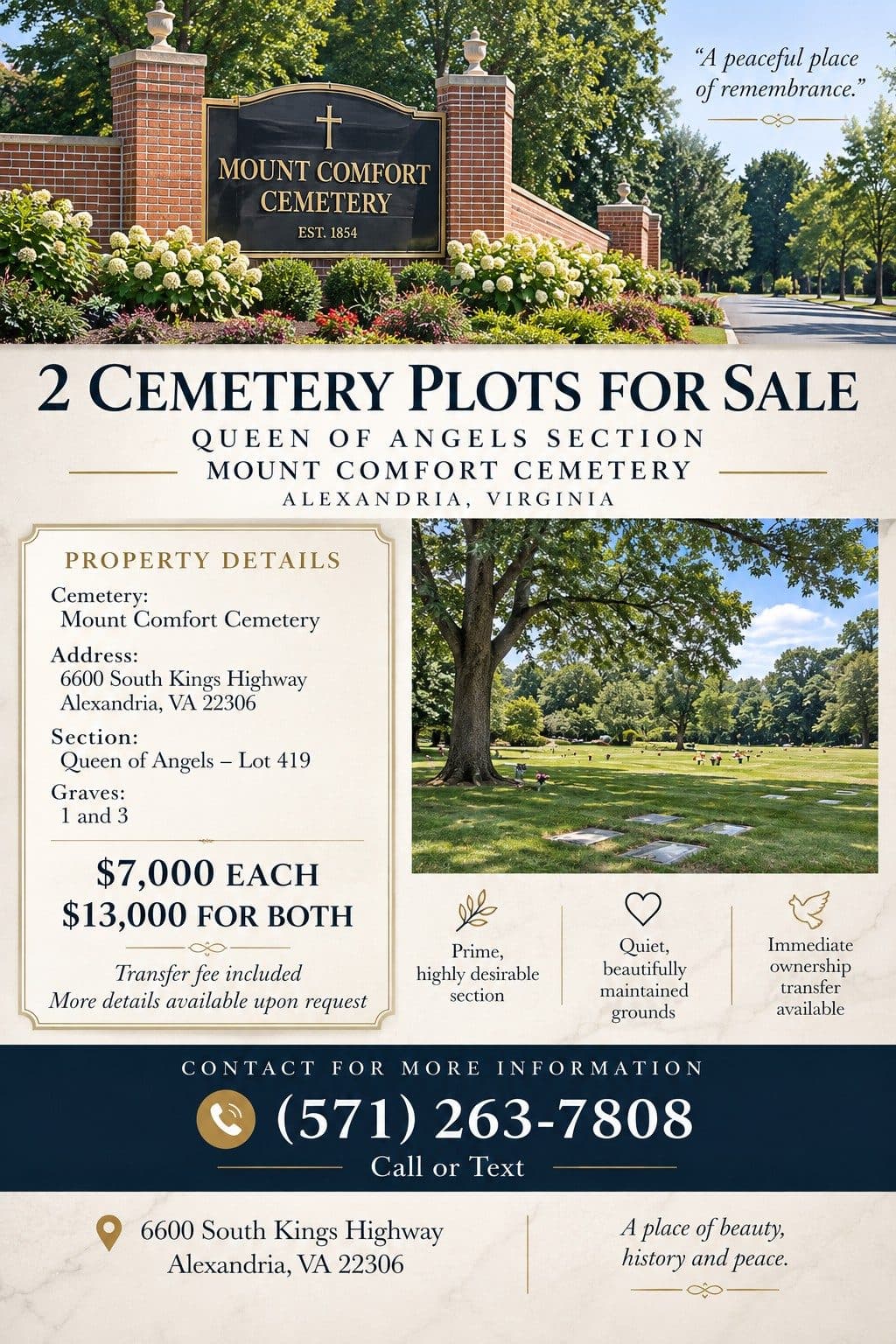 Single plot at Mount Comfort Cemetery